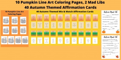 10 Pumpkin Line Art Coloring Pages, 2 Mad Libs, and 40 Autumn Themed Affirmation Cards